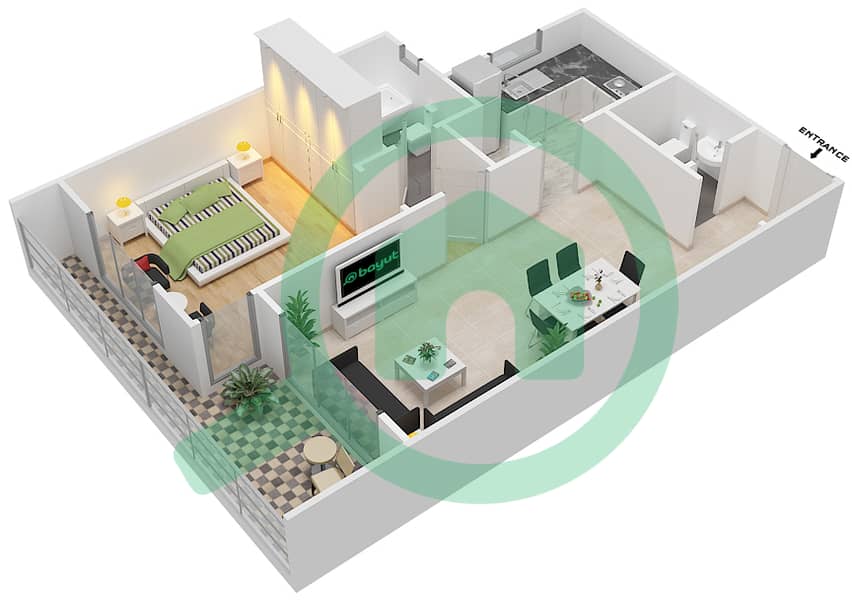 المخططات الطابقية لتصميم النموذج A شقة 1 غرفة نوم - J8 interactive3D
