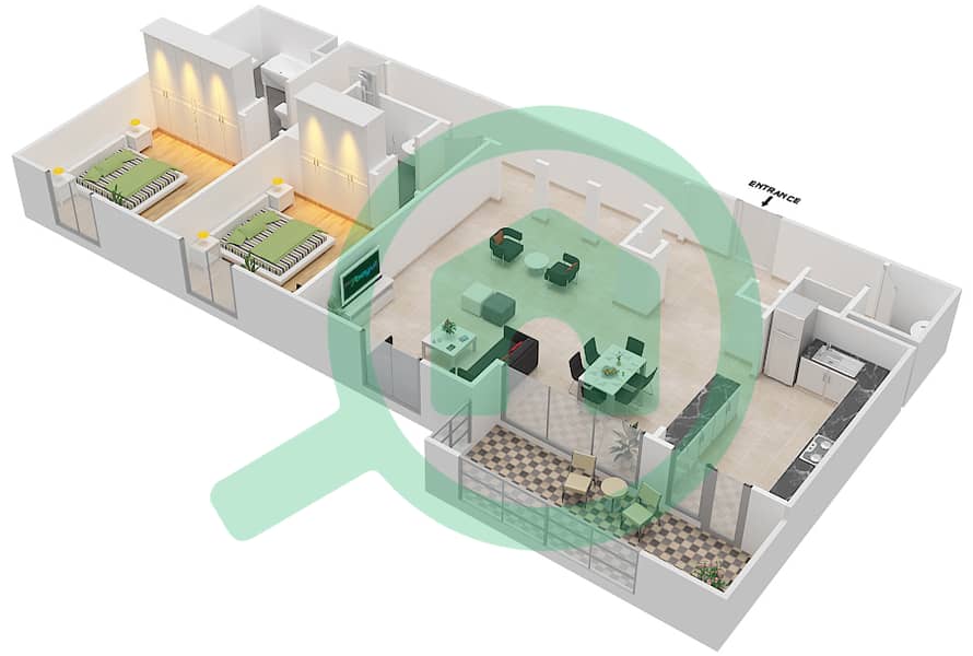 المخططات الطابقية لتصميم النموذج 1 شقة 2 غرفة نوم - شقق البحيرة A interactive3D