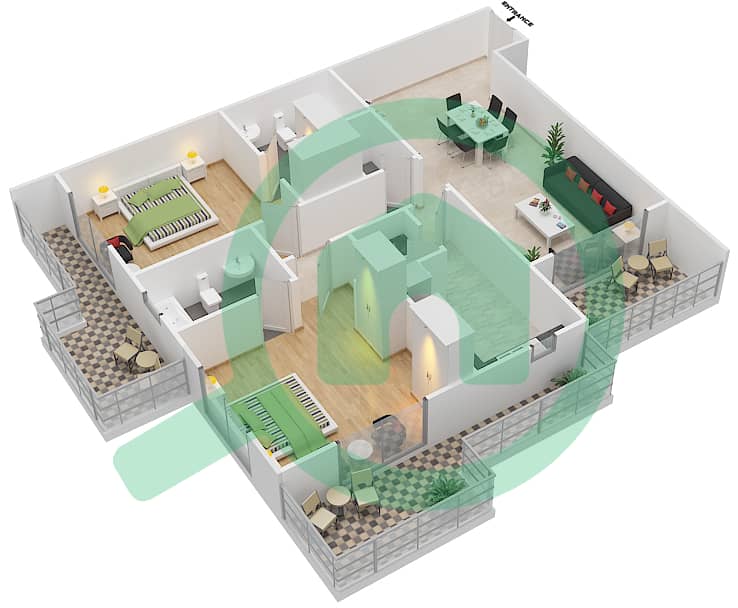 المخططات الطابقية لتصميم النموذج B شقة 2 غرفة نوم - J8 interactive3D