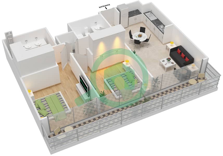 المخططات الطابقية لتصميم الوحدة 5 FLOOR 2-25 شقة 2 غرفة نوم - بيتش فيستا 1 interactive3D