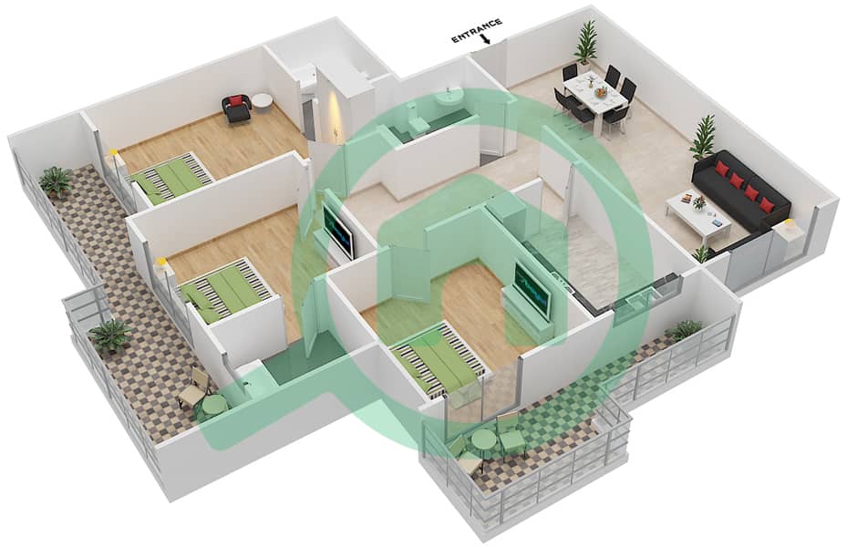 المخططات الطابقية لتصميم النموذج C شقة 3 غرف نوم - J8 interactive3D