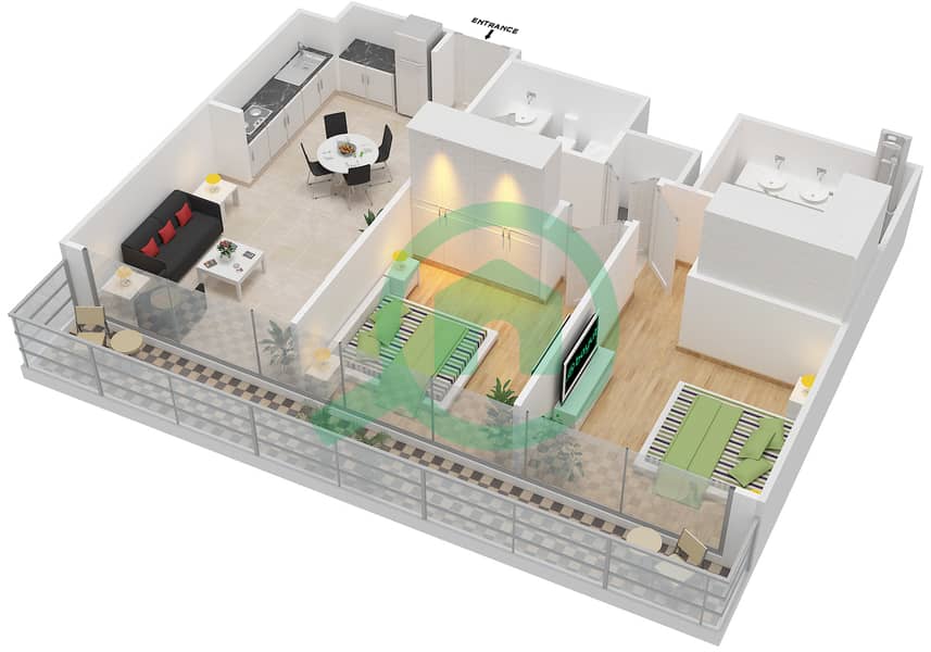 المخططات الطابقية لتصميم الوحدة 6 FLOOR 2-25 شقة 2 غرفة نوم - بيتش فيستا 1 interactive3D