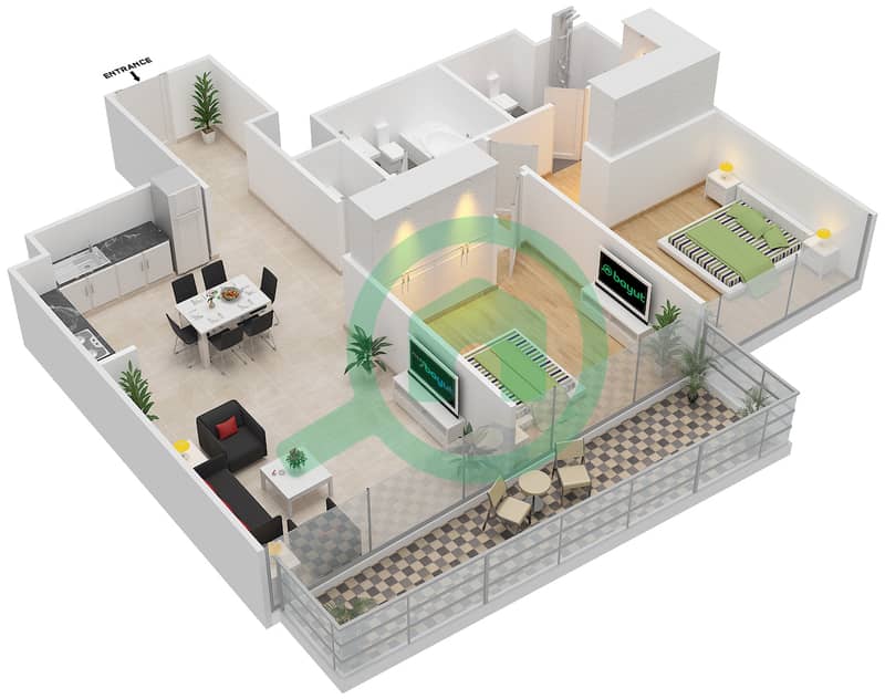 المخططات الطابقية لتصميم الوحدة 8 FLOOR 2-14 شقة 2 غرفة نوم - بيتش فيستا 2 interactive3D