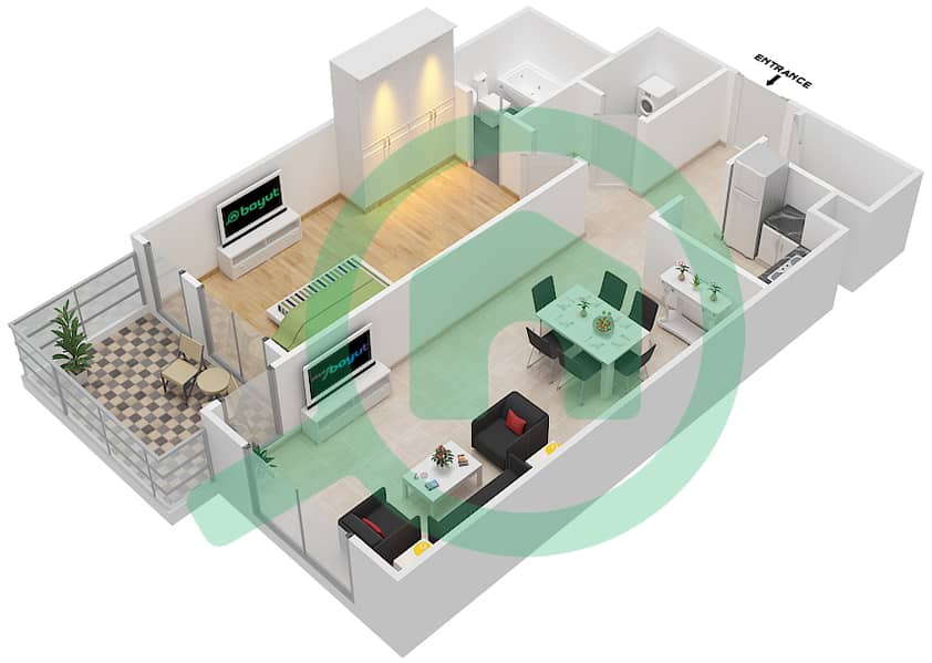 المخططات الطابقية لتصميم النموذج 2 شقة 1 غرفة نوم - مزايا 2 interactive3D