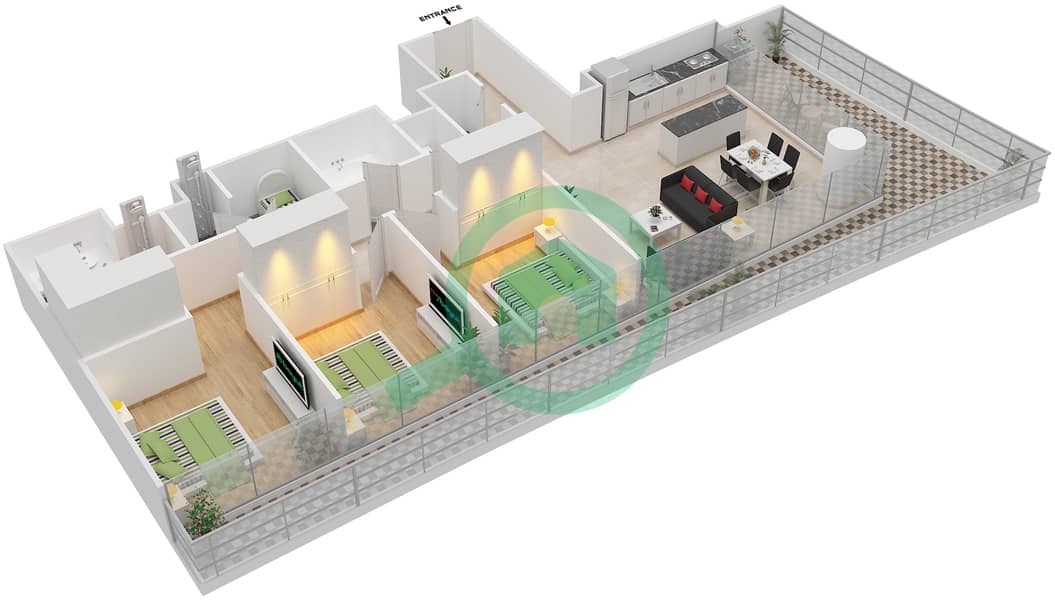 المخططات الطابقية لتصميم الوحدة 4 FLOOR 2-14 شقة 3 غرف نوم - بيتش فيستا 2 interactive3D