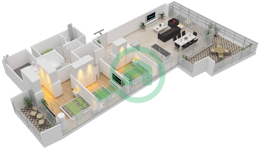 المخططات الطابقية لتصميم الوحدة 7 FLOOR 2-25 شقة 3 غرف نوم - بيتش فيستا 1 interactive3D
