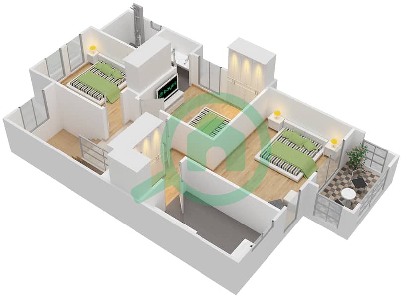 米拉绿洲1号区 - 3 卧室联排别墅类型H戶型图 interactive3D