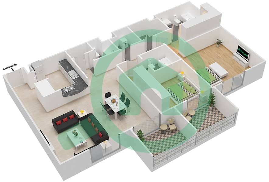 المخططات الطابقية لتصميم النموذج 2 شقة 2 غرفة نوم - مزايا 2 interactive3D