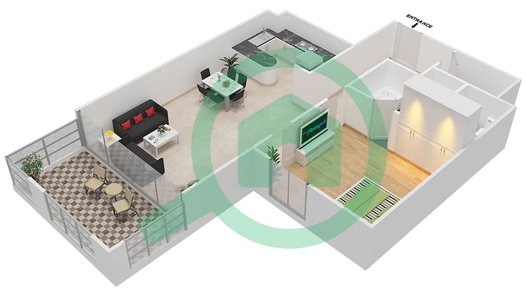 المخططات الطابقية لتصميم النموذج 2 شقة 1 غرفة نوم - شقق البحيرة E interactive3D