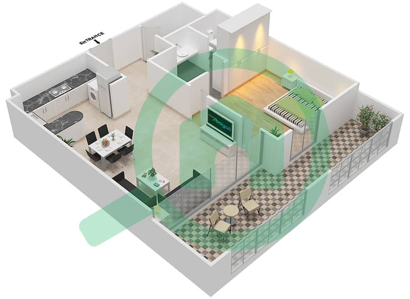 湖畔公寓E座 - 1 卧室公寓类型3戶型图 interactive3D