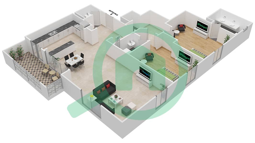 المخططات الطابقية لتصميم النموذج 2 شقة 2 غرفة نوم - شقق البحيرة E interactive3D