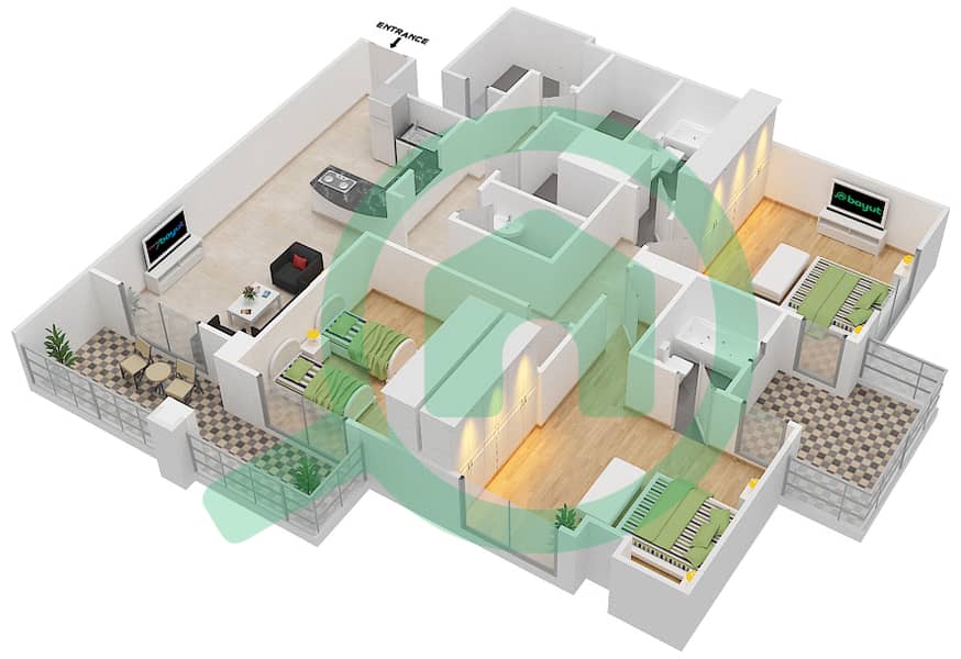 Mazaya 2 - 3 Bedroom Apartment Type 1 Floor plan interactive3D