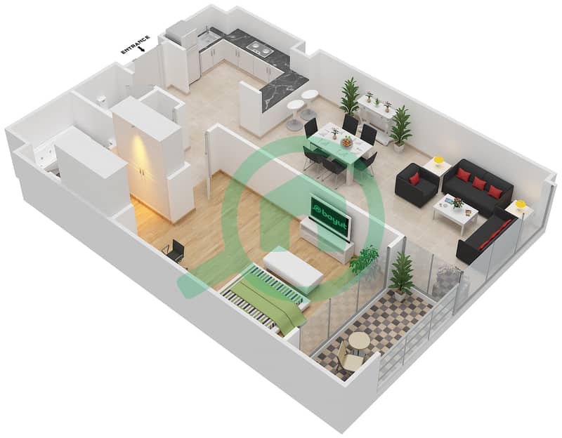 المخططات الطابقية لتصميم النموذج A شقة 1 غرفة نوم - دبي وورف interactive3D