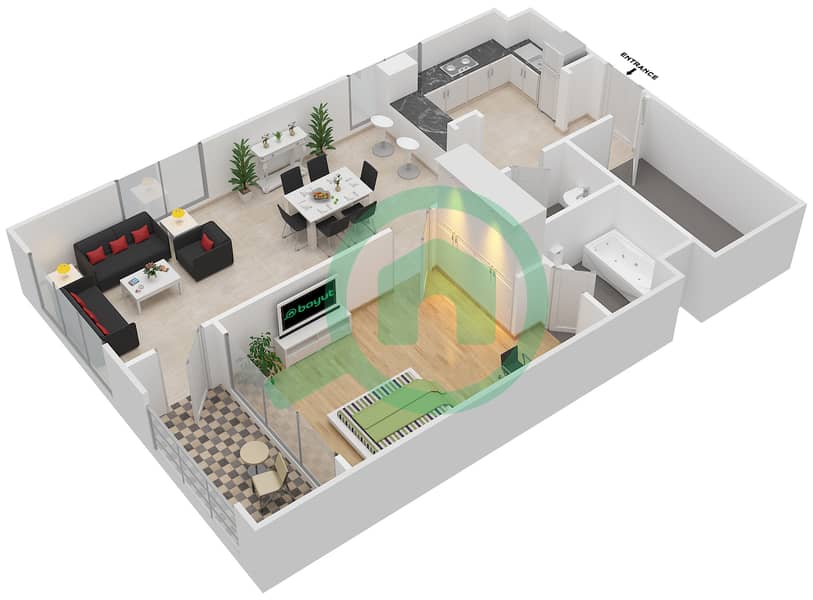 迪拜码头 - 1 卧室公寓类型B戶型图 interactive3D
