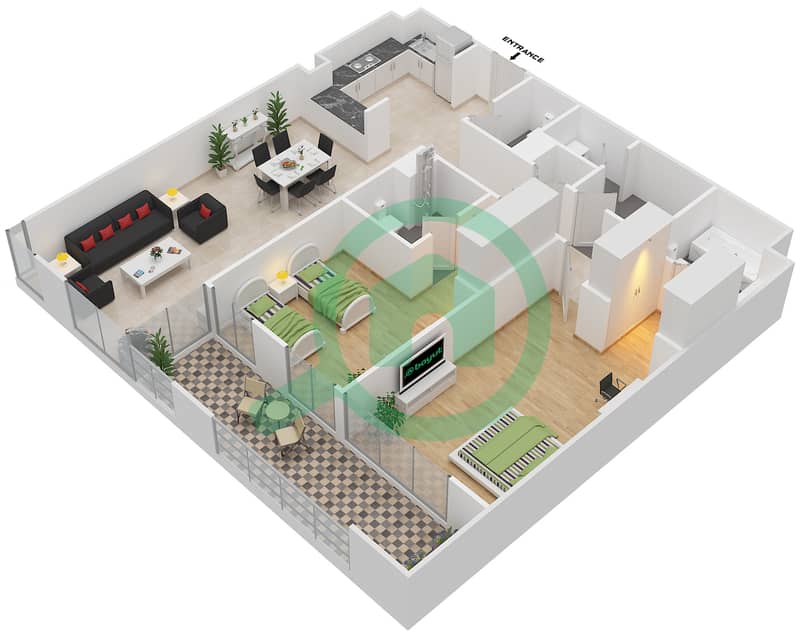 المخططات الطابقية لتصميم النموذج A شقة 2 غرفة نوم - دبي وورف interactive3D