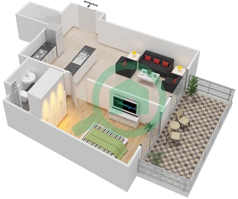 阿齐兹奥拉公寓大楼 - 1 卧室公寓类型1戶型图 interactive3D