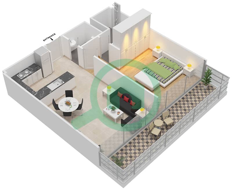 المخططات الطابقية لتصميم النموذج 2 شقة 1 غرفة نوم - عزيزي أورا interactive3D