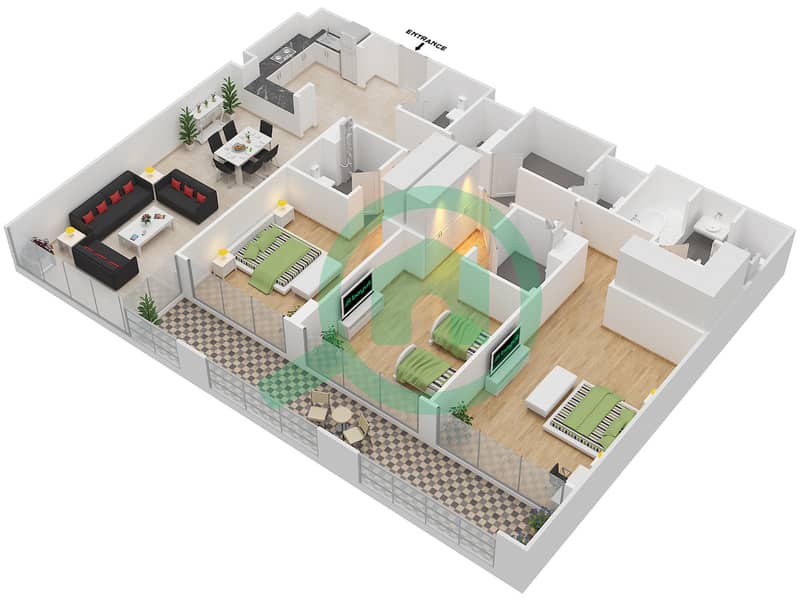 المخططات الطابقية لتصميم النموذج A شقة 3 غرف نوم - دبي وورف interactive3D