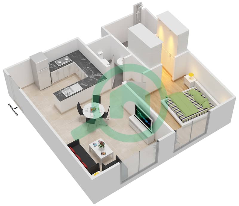 المخططات الطابقية لتصميم النموذج 3 شقة 1 غرفة نوم - عزيزي أورا interactive3D