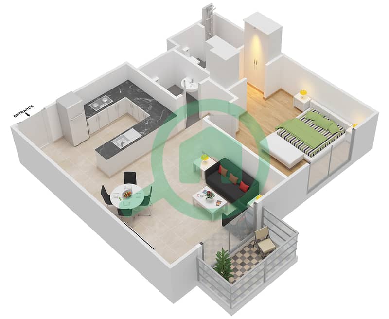 阿齐兹奥拉公寓大楼 - 1 卧室公寓类型6戶型图 interactive3D