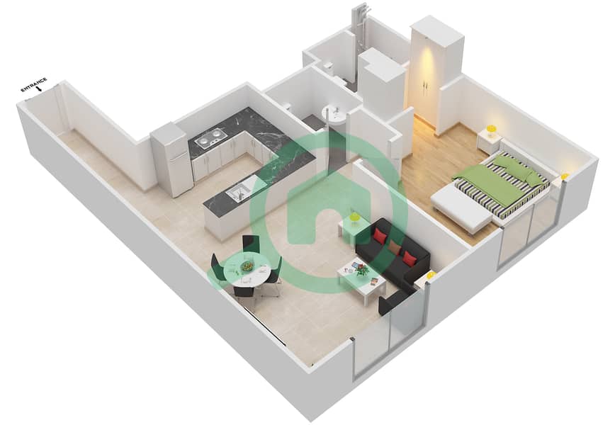 المخططات الطابقية لتصميم النموذج 7 شقة 1 غرفة نوم - عزيزي أورا interactive3D