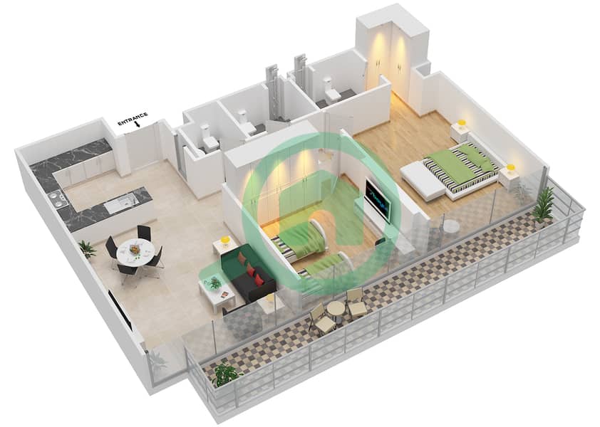 阿齐兹奥拉公寓大楼 - 2 卧室公寓类型1戶型图 interactive3D
