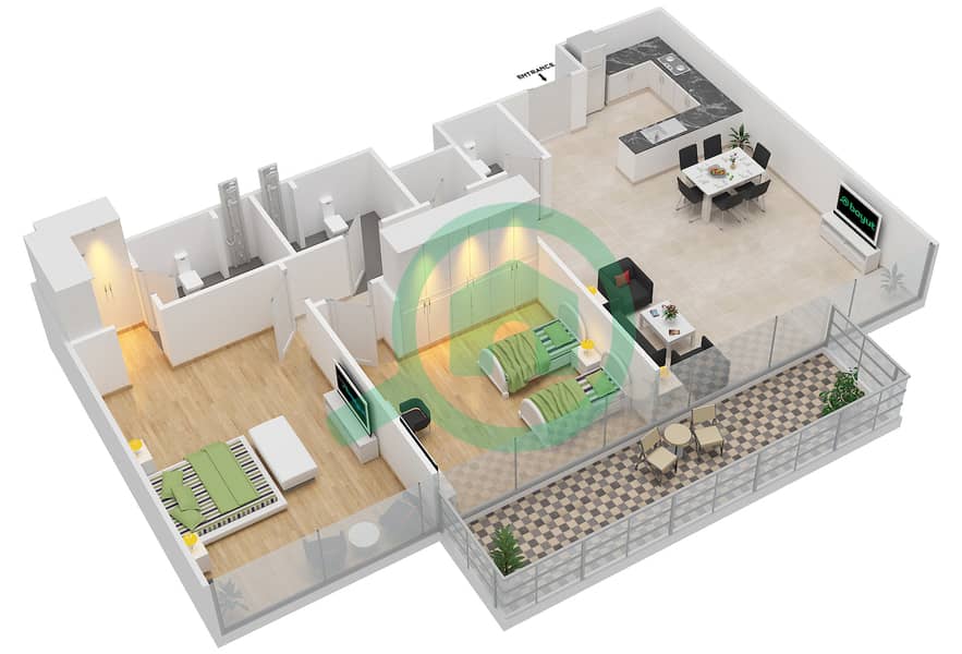 المخططات الطابقية لتصميم النموذج 2 شقة 2 غرفة نوم - عزيزي أورا interactive3D