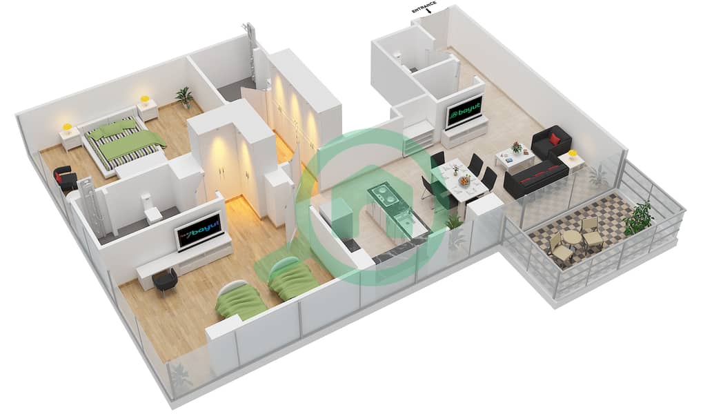 المخططات الطابقية لتصميم النموذج 3 شقة 2 غرفة نوم - عزيزي أورا interactive3D