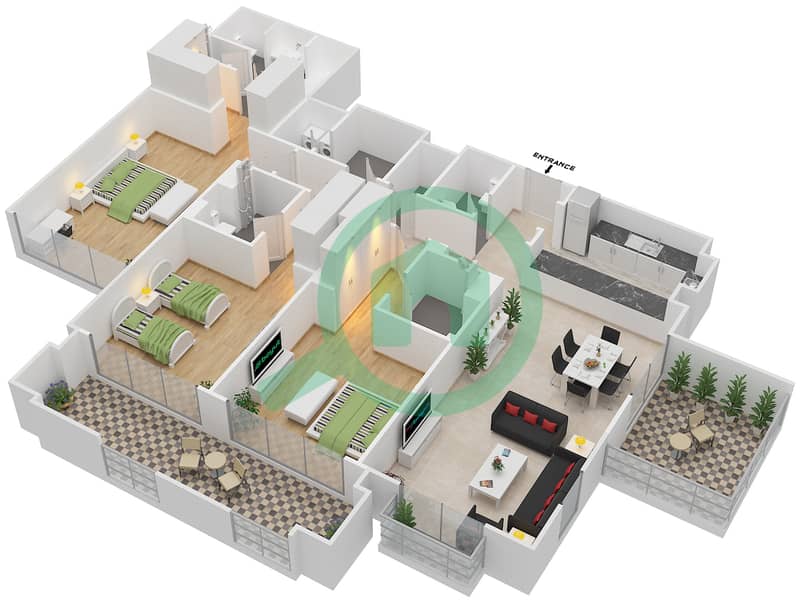Дубай Уорф - Апартамент 3 Cпальни планировка Тип D interactive3D