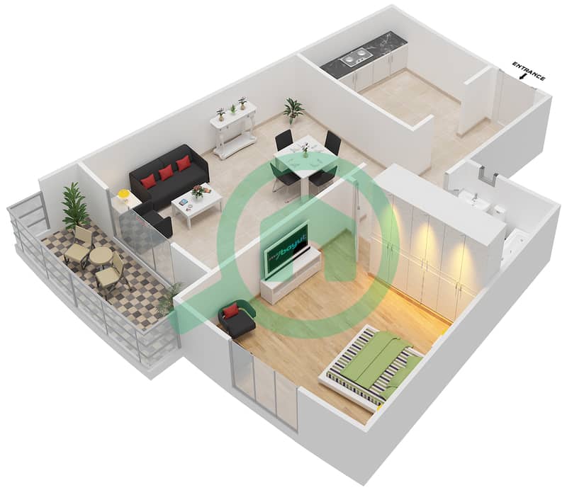 Al Dana 1 - 1 Bedroom Apartment Type 7 Floor plan interactive3D
