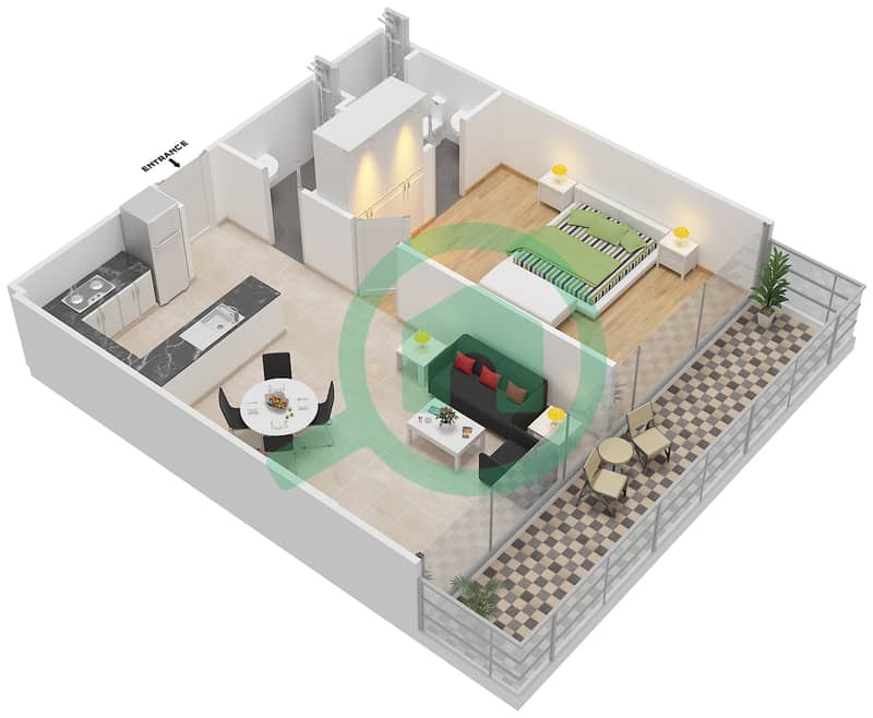 阿齐兹奥拉公寓大楼 - 1 卧室公寓类型4戶型图 interactive3D