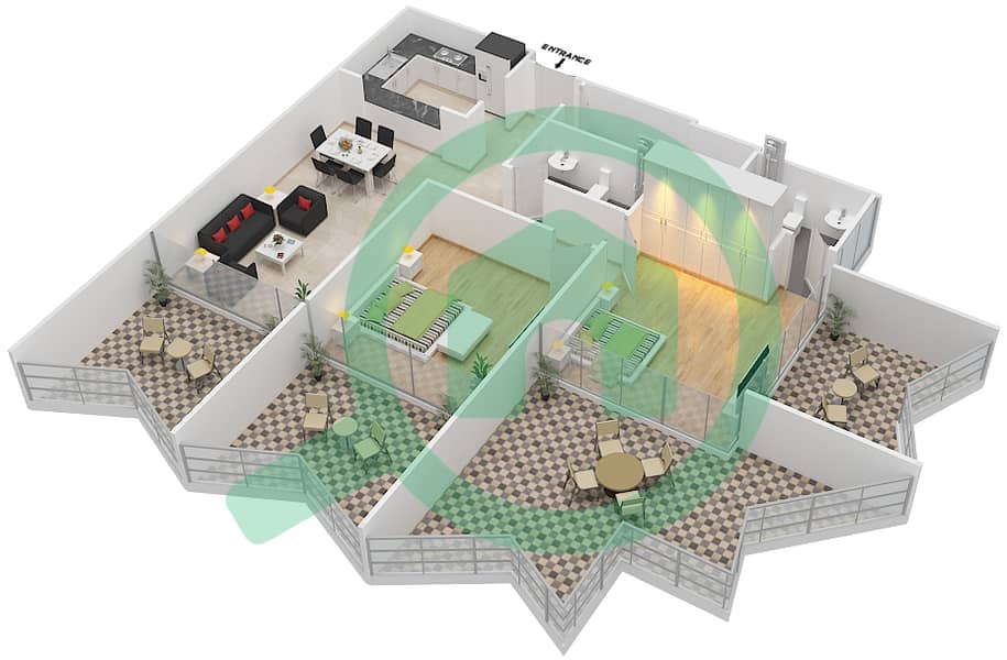المخططات الطابقية لتصميم النموذج C شقة 2 غرفة نوم - بن غاطي ستارز interactive3D