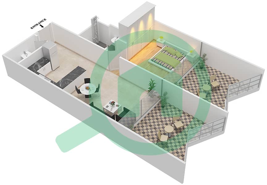 المخططات الطابقية لتصميم النموذج B شقة 1 غرفة نوم - بن غاطي ستارز interactive3D