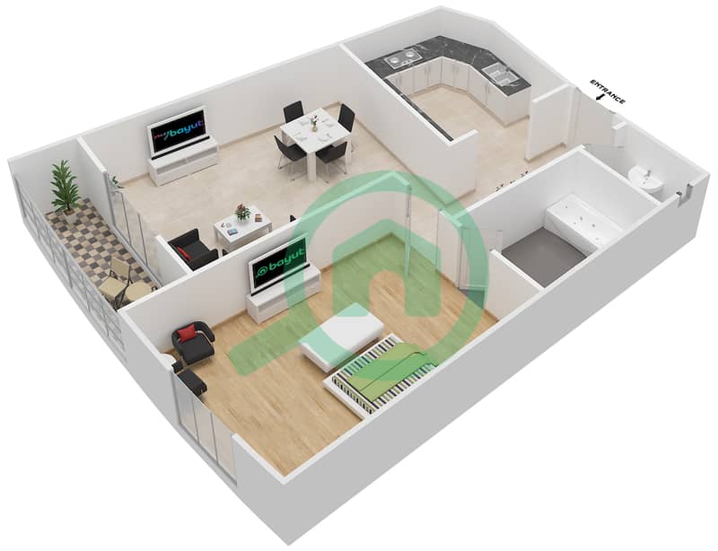 Аль Дана 1 - Апартамент 1 Спальня планировка Тип 5 interactive3D
