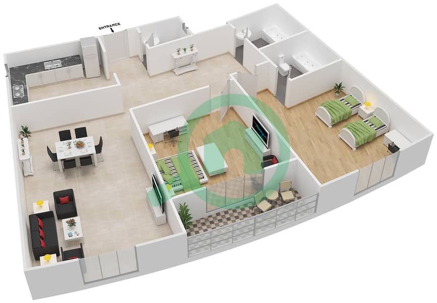 المخططات الطابقية لتصميم النموذج 2 شقة 2 غرفة نوم - الدانا 1 interactive3D