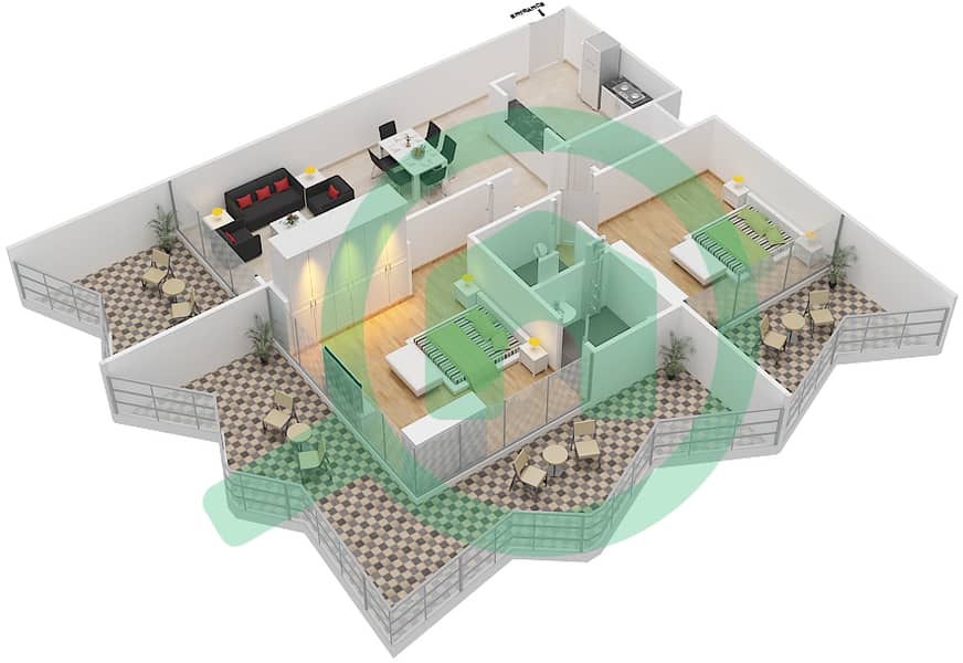 Binghatti Stars - 2 Bedroom Apartment Type D Floor plan interactive3D
