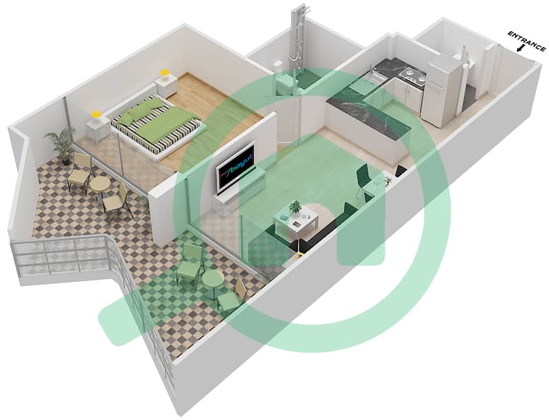 المخططات الطابقية لتصميم النموذج E شقة 1 غرفة نوم - بن غاطي ستارز interactive3D