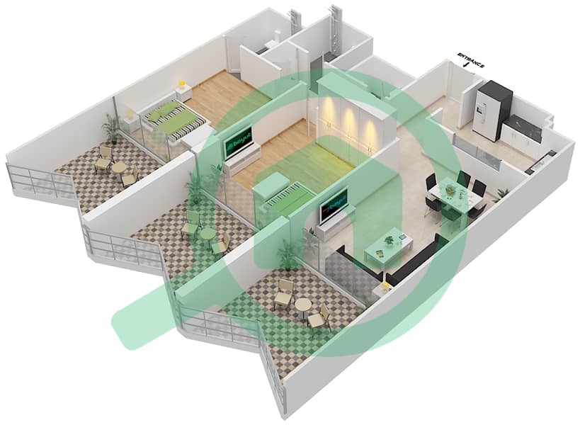 Binghatti Stars - 2 Bedroom Apartment Type F Floor plan interactive3D