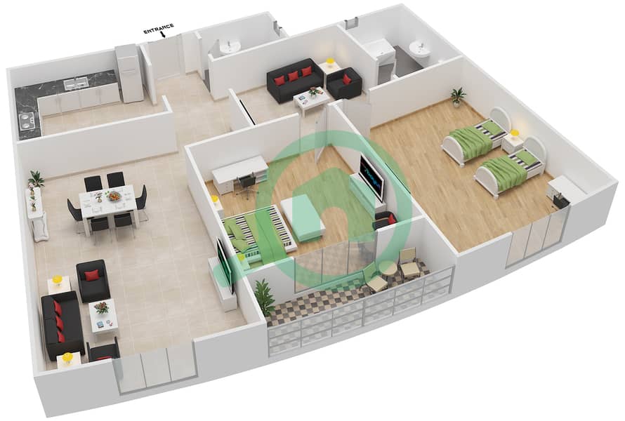 Аль Дана 1 - Апартамент 2 Cпальни планировка Тип 3 interactive3D