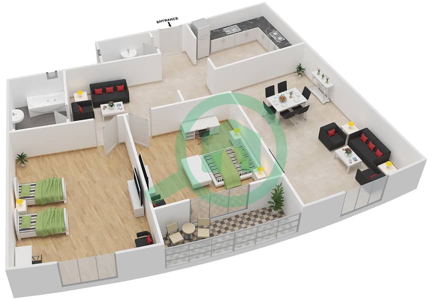 Al Dana 1 - 2 Bedroom Apartment Type 4 Floor plan interactive3D