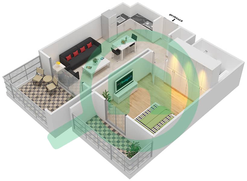 萨菲1号 - 1 卧室公寓类型1A-1戶型图 interactive3D