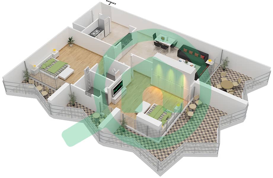 المخططات الطابقية لتصميم النموذج G شقة 2 غرفة نوم - بن غاطي ستارز interactive3D