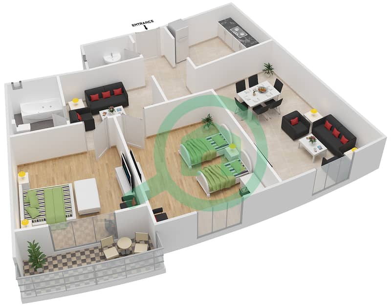 المخططات الطابقية لتصميم النموذج 8 شقة 2 غرفة نوم - الدانا 1 interactive3D