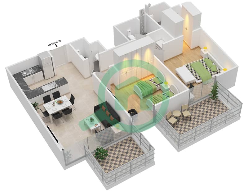 المخططات الطابقية لتصميم النموذج 5 شقة 2 غرفة نوم - عزيزي أورا interactive3D