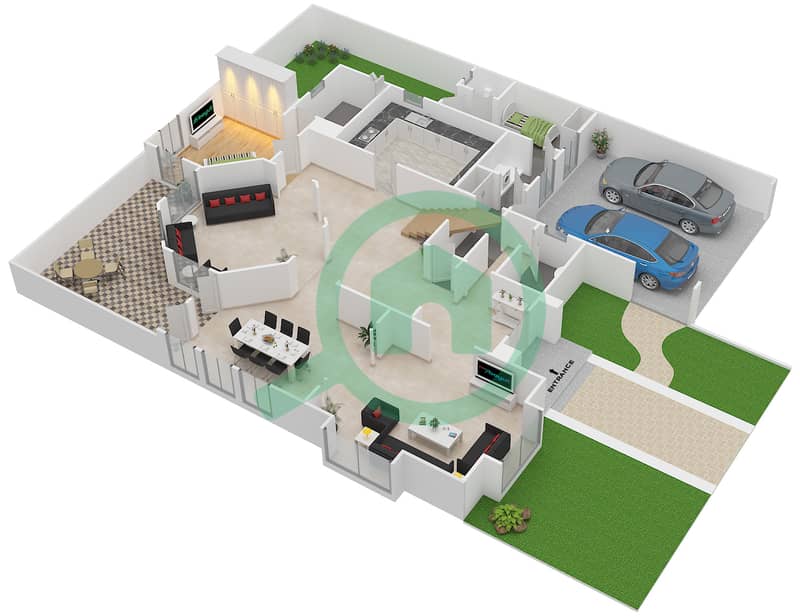 المخططات الطابقية لتصميم النموذج A تاون هاوس 4 غرف نوم - قرية العيون Ground FLoor interactive3D