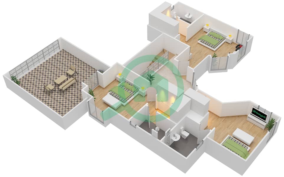 المخططات الطابقية لتصميم النموذج A تاون هاوس 4 غرف نوم - قرية العيون First Floor interactive3D
