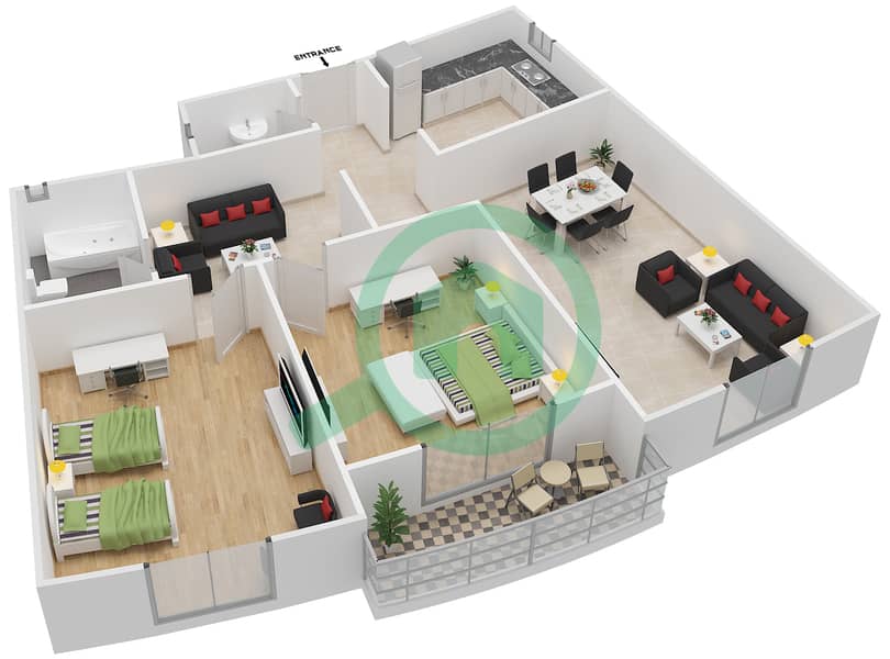 المخططات الطابقية لتصميم النموذج 9 شقة 2 غرفة نوم - الدانا 1 interactive3D