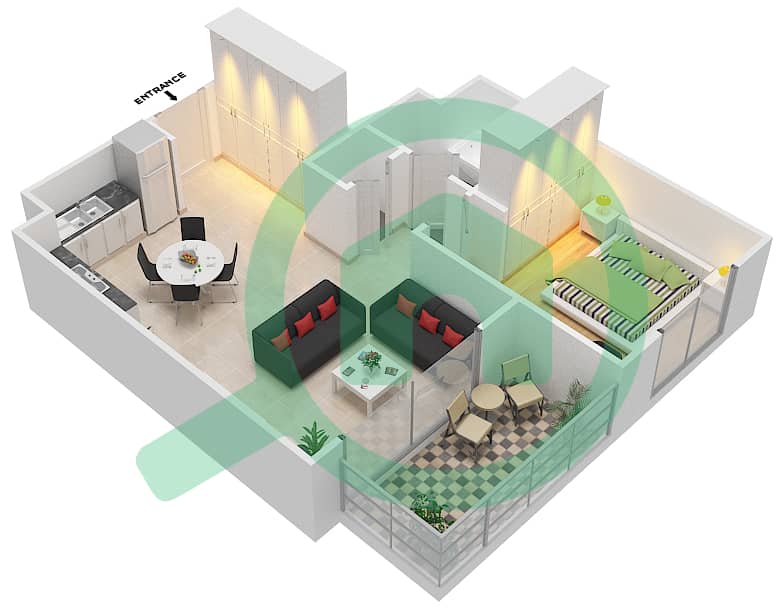 المخططات الطابقية لتصميم النموذج 1D-1 شقة 1 غرفة نوم - شقق صافي 1B interactive3D