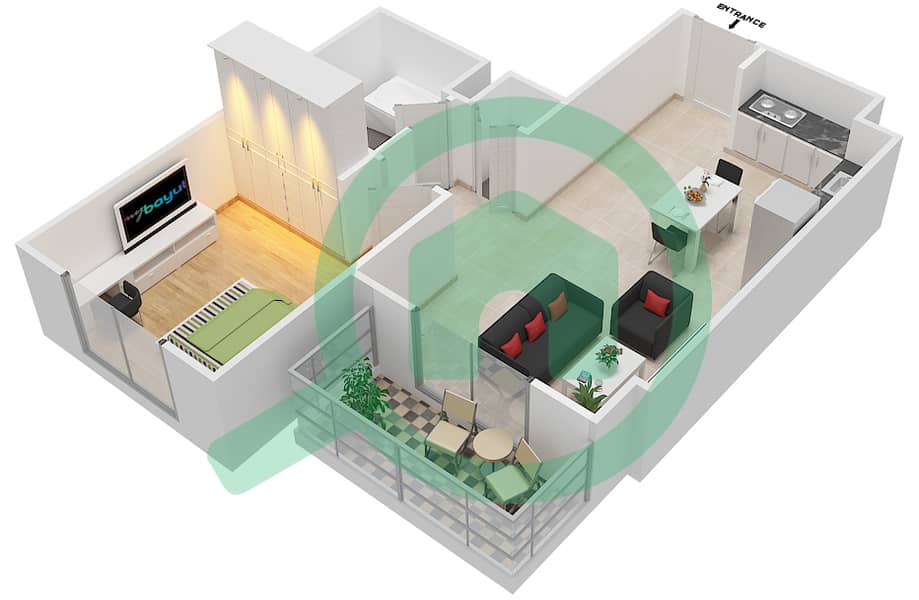 المخططات الطابقية لتصميم النموذج 1E-1 شقة 1 غرفة نوم - شقق صافي 1B interactive3D