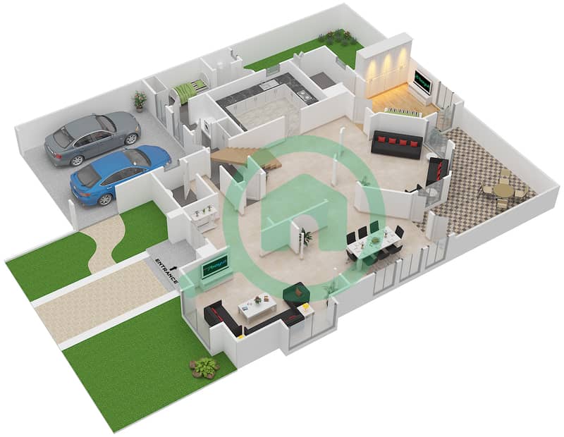 المخططات الطابقية لتصميم النموذج B تاون هاوس 4 غرف نوم - قرية العيون Ground Floor interactive3D